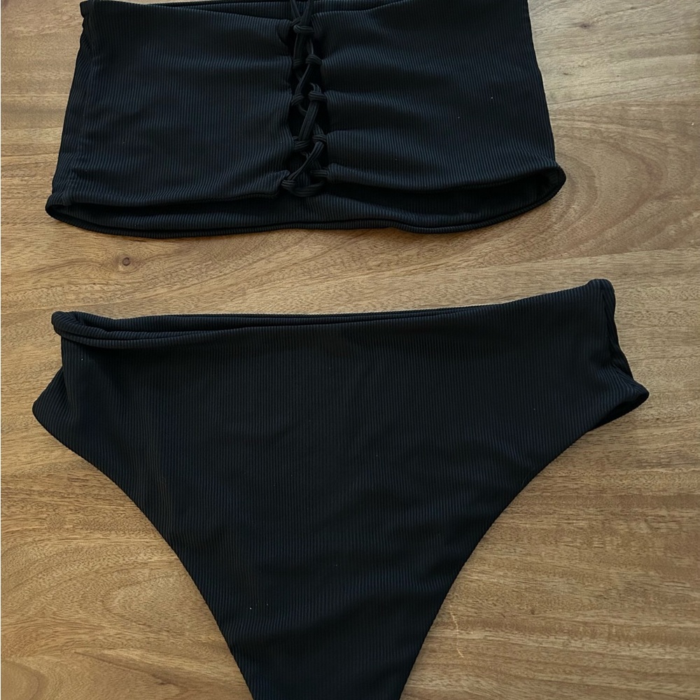 Black Ribbed Lace-Up Bandeau Bikini Set